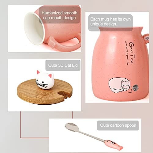 Chat Tasse Jolie tasse à café en céramique avec couvercle et cuillère en bois chat kawaii Nouveauté Morning Cup Tasses à thé au lait au café Tasses de chat pour les amoureux des chats Femmes (Rose)