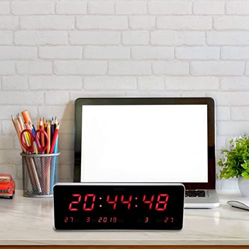 Horloge LED Réglage Automatique de l'heure Horloge numérique LED avec Affichage de la température du Calendrier Prise UE 110-240V(Calendrier de la Semaine de température)