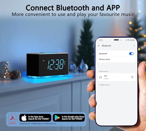 Radio réveil avec Chargeur sans Fil 15W, APP contrôle, FM Radio, Bluetooth, Deux Ports de Charge, Double réveil, minuterie de Sommeil, Snooze, gradateur Manuel Automatique iTOMA 207A