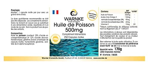 Gélules d'Huile de Poisson 500 mg - 250 gélules molles - 30% d'omega-3 (EPA et DHA) | Warnke Vitalstoffe - Qualité des pharmacies allemandes