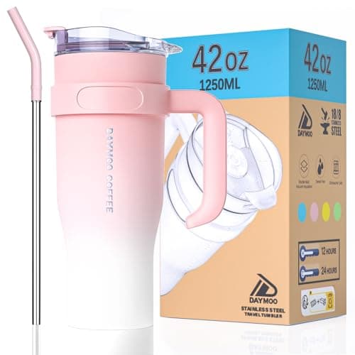 DAYMOO Mug isotherme avec paille et Poignée, Gobelet avec Paille et Couvercle, Tasse Thermos en Acier Inoxydable, Thermos Café Mug avec Couvercle, asse de Voyage Chaud ou Froid - 1.2 L, Rose Blanc