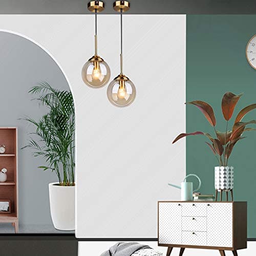 LFsem Industriel Rétro Suspensions Boule De Verre Lampe Suspension Raccords En Laiton Suspension E27 Loft Suspension pour Salon Salle À Manger Chambre (Célibataire, Ambre)