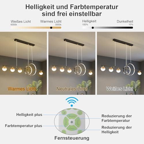 WHLL Suspension Luminaire LED Moderne Lustre Cuisine Dimmable Luminaires Intérieur Salle à Manger Hauteur Reglable Suspensions D'éclairage Intérieur Lustre Salle à Manger avec Telecommande Noir 95cm