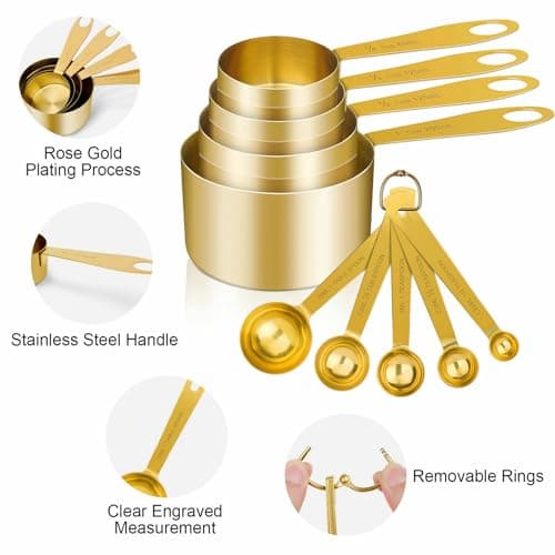 Cuteefun Set de 9 Tasses et Cuillers à Mesurer, Manche en Acier Inoxydable avec Mesures Métriques et Américaines, Finition Polie Or, Cuillere Doseuse Sèche et Liquide pour Pâtisserie, Cuisine(Or)