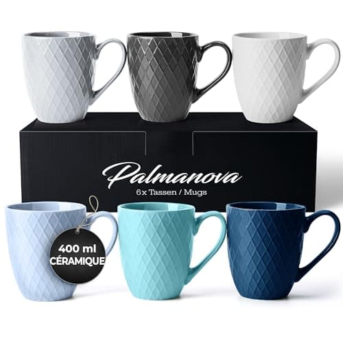 MIAMIO - 6 x 400 ml - Set de tasses à café/tasse - Tasse en céramique moderne Matt - Tasse à café grande taille - Collection Palmanova (Bleu)
