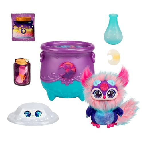 Magic Mixies Chaudron Magie des éléments Nouveaux Yeux Scintillants ! Fais apparaître Une Peluche Mixie au Milieu des Bulles du Chaudron et découvre 2 gemmes Surprises Magiques et solaires !