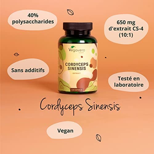 Cordyceps sinensis CS-4 | 6500 mg (10:1) | 4 MOIS | 40% Polysaccharides | SANS ADDITIFS | Adaptogène | 120 Gelules | VEGAN | Vegavero®