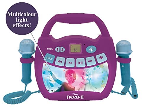 Lexibook - Disney la Reine des Neiges 2 - Lecteur musical karaoké portable pour enfants – Micros, Effets lumineux, Bluetooth, Enregistrement/changement de voix, Batteries rechargeables,Violet,MP320FZZ