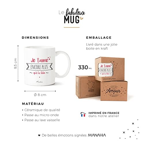 Manahia Mug Amour - Je t'aime encore plus qu'à la Folie- Avec Boite Kraft - 330 mL Céramique - Imprimé en France - Saint Valentin - Cadeau Couple - Tasse Je t'aime - Mug Noël
