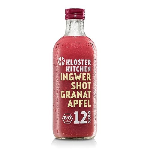 Kloster Kitchen Shot de Gingembre Bio Grenade 12SHOTS 360 ml avec morceaux de gingembre I vegan I bouteille en verre I doux-épicé sans additifs & (incl. 0,25€ consigne non consignée)
