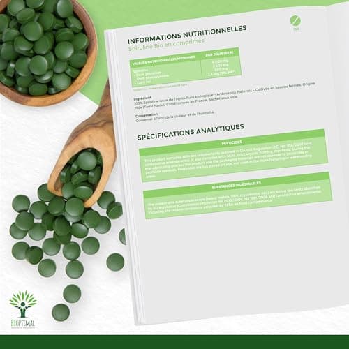 Spiruline Bio - Bioptimal - Complément alimentaire - BCAA Fer Vitamine A - 65% de Protéine - 17% de Phycocyanine - 500 mg/comprimé - Conditionnée en France - Certification Ecocert - 150 comprimés