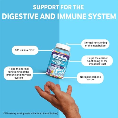VITALDIN Probiotique Gummies – 500 millions d ́UFC de Bacillus Coagulans par dose + Vitamine B12 – 60 Gommes (pour 1 mois); saveur de Fruits – Flore Intestinale – pour Enfants et Adultes