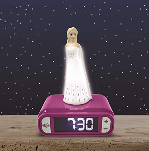 Lexibook- Veilleuse Reine des Neiges 2, Elsa Lumineuse, Effets sonores Disney Frozen, Réveil pour Enfant, Snooze, Couleur Bleue, RL800FZ, Bleu