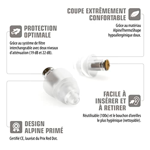Alpine MusicSafe Bouchons d'oreilles : protection auditives pour musiciens - Haute fidélité du son - 2 jeux de filtres Interchangeables - Hypoallergénique et Réutilisables - Embouts transparents