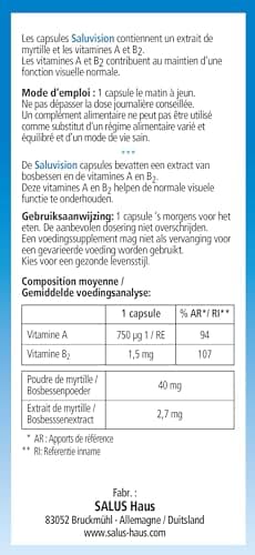 Salus Saluvision® - Capsules à l'extrait de Myrtilles, Vitamines A et B2 - Maintien d'une Bonne Vision - 45 Capsules