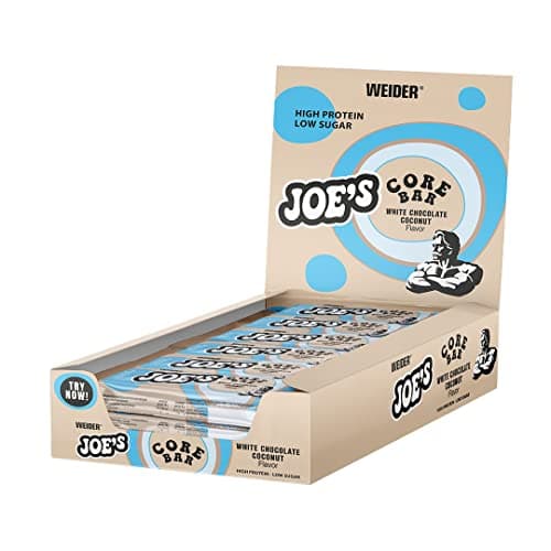 WEIDER Joe's Core Bar, délicieuse barre protéinée au cœur moelleux enrobé de chocolat blanc, barre protéinée avec plus de 31% de protéines, faible teneur en sucre, Goût Chocolat Blanc-Coco, 12 x 45 g