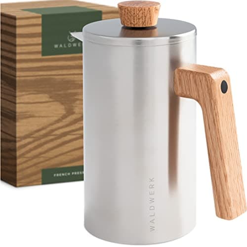 WALDWERK Cafetière à Piston (1L) - French Press en Acier Inoxydable à Double Paroi avec Poignée en Bois de Chêne - Cafetière Manuelle Sans Plastique