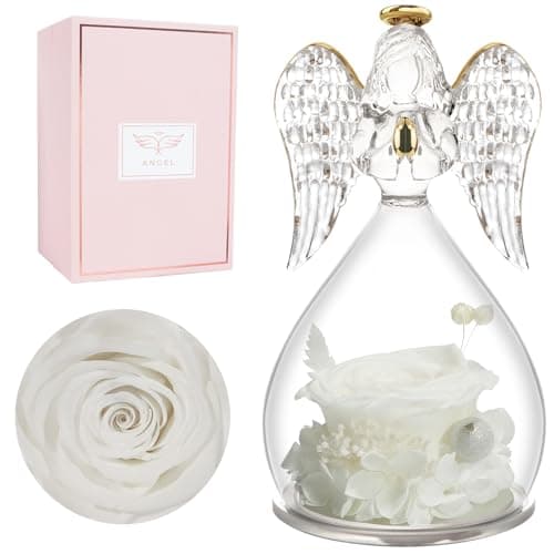 Miofula Figurine d'ange rose éternelle - Cadeau pour femme - Cadeau d'anniversaire pour maman - Fleur éternelle - Dôme en verre - Véritable rose - Cadeau pour mère, grand-mère, petite amie, pour Noël,