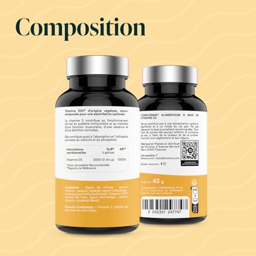 NOVOMA Vitamine D3 2000 UI/j, Vitamine D Naturelle Micro-encapsulée - Haute Absorption, Système Immunitaire, Santé des Os & Muscles, Cure de 2 mois, 120 gélules, Fabriqué en France