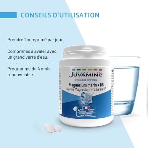JUVAMINE - Magnésium Marin 300mg + Vitamine B6 - Fatigue - Stress - Equilibre nerveux - Bien être - Système nerveux - Format 4 Mois - 120 Comprimés - Fabriqué en France