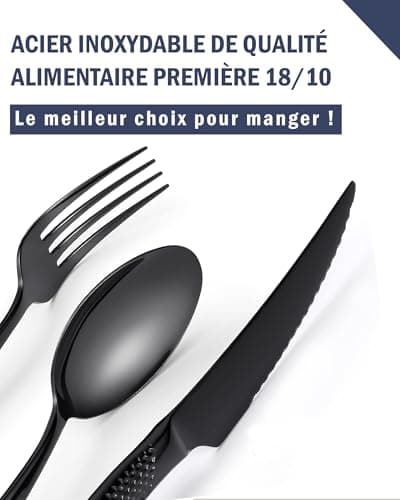 SHEUMNT couverts de table 24 pieces martelées Moderne noirs avec couteau dentelé 2 en 1 ultra tranchant, menagere inox 6 personnes, couvert plaqu titane noires couteaux, fourchettes, cuillères