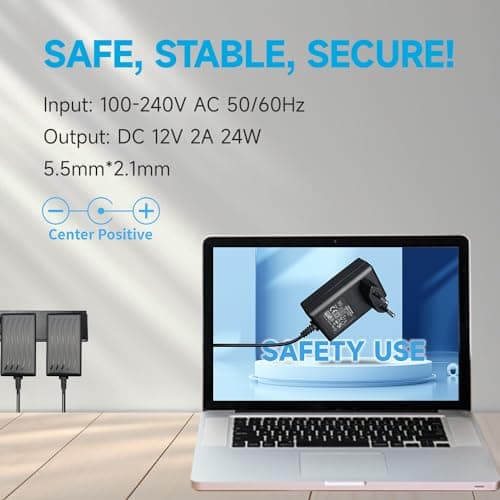 Adaptateur Secteur 12 V 2 A/2000 mA, AC 100-240 V 50/60 Hz vers DC 12 V 2 A 24 W, Chargeur Mural, Centre Positif, câble 1,8 m 20 AWG pour Une Utilisation Stable et Flexible, 3 Accessoires Inclus.