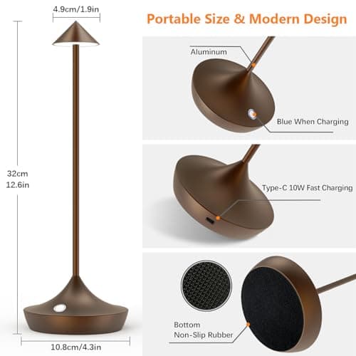 Hapfish lampe de table sans fil rechargeable LED, Lumiere bureau tactile exterieur 6000mAh, Lampe a poser metal design modern, étanche, dimmable, pour chevet, interieur, terrasse, restaurant (marron)