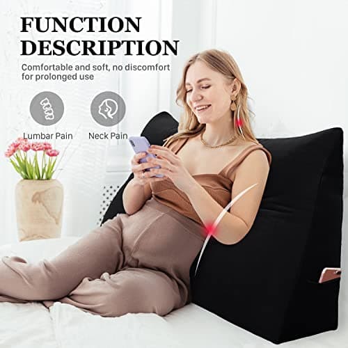 Rucener Coussin CompenséTriangulaires Coussin Dossier Canapé Oreiller de Lecture Gros Coussin de Canapé Coussin Tete de Lit A Une Variété D'utilisations Le Noir 60CM