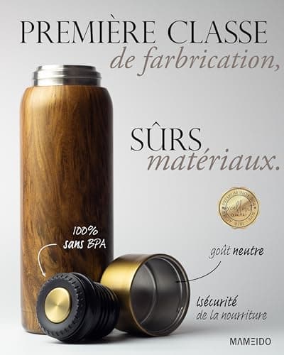 MAMEIDO Bouteille Isotherme 1l avec Mug en Acier inox, Gourde Isotherme 1l chaude 12h, Thermos 1l étanche 100% sans BPA, café et thé pour la route (Oak Wood Gold, 1000ml)