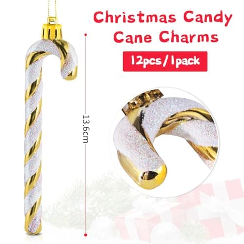 Sucre d'orge Glitter de Noël,12 pcs Candy Cane Canne à Sucre Noel Déco, Bonbons de Canne Decoration Plastique avec des Cordes,Décoration à Suspendre pour Sapin de Noël,Scintillant Doré,13cm