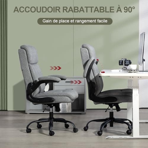 CASTLOVE Chaise de bureau ergonomique avec dossier, accoudoirs rabattables, dossier haut, hauteur réglable, fonction bascule, chaise de bureau en tissu gris, charge maximale : 150 kg