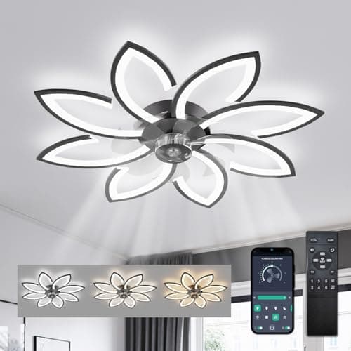 Lustre Ventilateur de Plafond, Ventilateur Plafond avec Lumiere Silencieux, Plafonnier Ventilateur Fleur Design Moderne, Dimmable, Fonction Mémoire, 6 Vitesses, Moteur DC, Réversible Eté Hiver, Nero