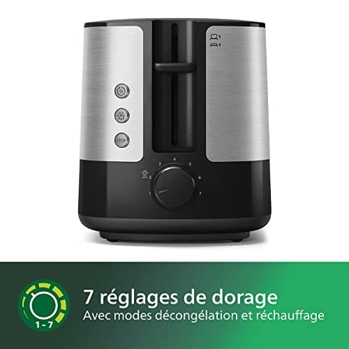 Philips Grille-pain - 2 Fentes, 7 Réglages, Réchauffe-Viennoiseries, Décongélation, Surélévation, Arrêt Automatique, Noir (HD2637/90)