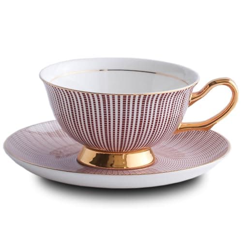 HUAMu Ensemble Tasse Soucoupe Porcelaine Anglaise à la Cendre d'os, Bone Chine Service à Thé Café,avec Cuillère,Vin rouge- 1 Set 200ml
