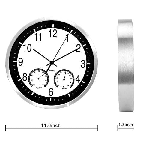 ALEENFOON 12 Pouces Horloges Murales Silencieuse de Salon Cuisine Modernes Design Pendules Murales 30cm Humidite Temperature Thermomètre Horloge à Quartz Suspendue Horloge Murale en Métal