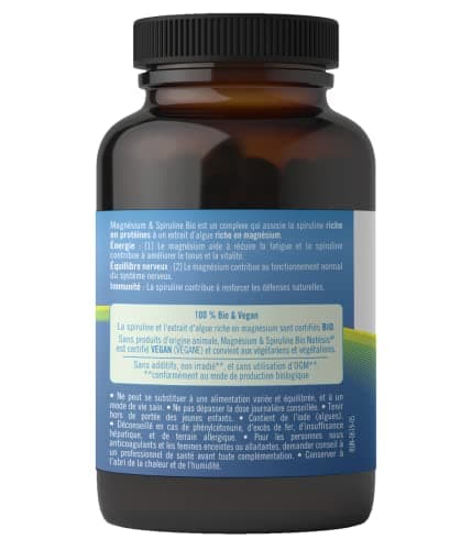 Natésis - Magnésium & Spiruline Bio COMPLEXE UNIQUE ANTI FATIGUE - Superaliment, énergie, immunité, sport - 180 comprimés