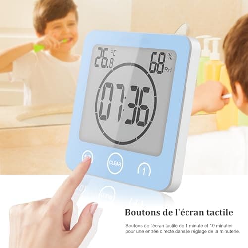 Horloge de Salle de Bain, Horloge de Douche Contrôle Tactile étanche, Alarme Numérique LCD, Thermomètre Hygromètre, Minuterie de Compte à Rebours, Alimenté par Pile, pour Maquillage Cuisine (Bleu)
