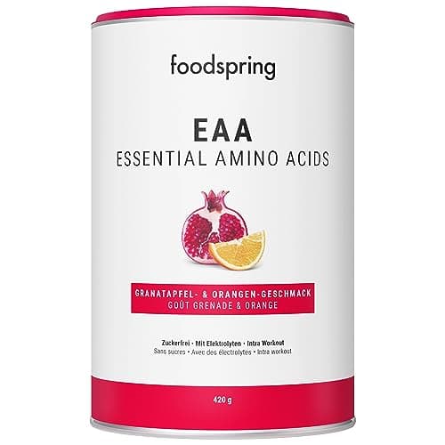 foodspring EAA Poudre avec électrolytes pour pre-workout et musculation - avec tous les acides aminés - sans sucre & sans lactosérum (420g | 30 portions | 1 cuillère doseuse = 14g | Grenade et Orange)