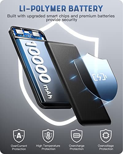 Batterie Externe, Power Bank 10000mah Ultra Mince Lumière, Batterie Externe Charge Rapide USB C Sortie/Entrée (3.0A) et 2 Ports USB Sortie, Chargeur Portable Compatible avec iphone 14 Samsung Airpods