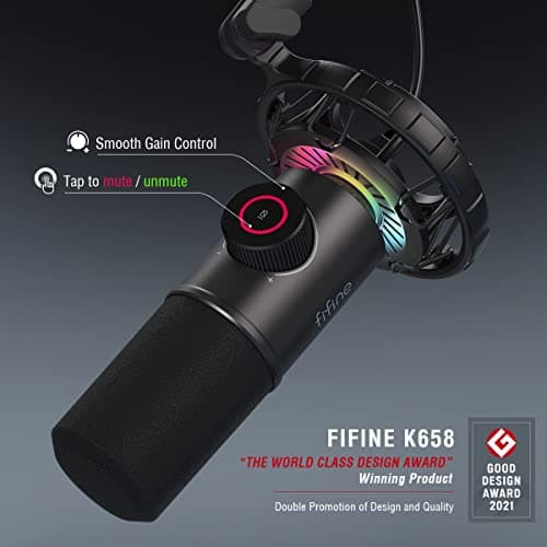 FIFINE USB Microphone Gaming, RGB Dynamiques Micro pour PC, Bouton de Silence & 3,5mm Prise Casque, Plug and Play Microphone Cardioïde pour Diffusion en Continu, Podcasting, Youtube