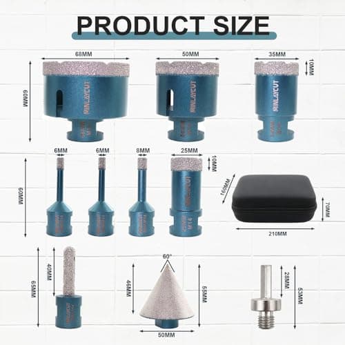 MINLAYCUT Foret Diamant Carrelage 6/6/8/20/35/50/68mm Trépans 10mm et 50mm Fingerfraise Diamantée et Adaptateur pour Carrelage Porcelaine Granit Marbre(10 Pièces/Boîte)