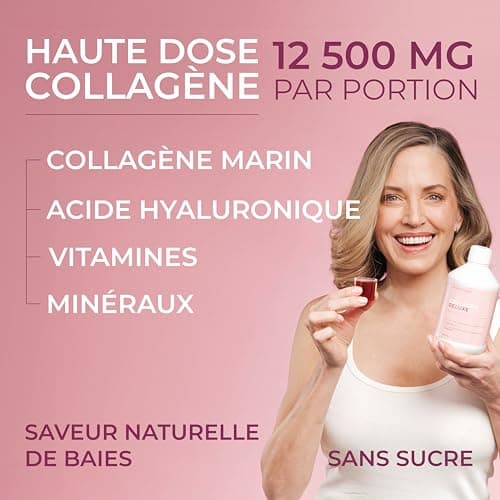 Collagen Deluxe 500 ml de collagène liquide | 12 500 mg de collagène marin, avec de l'acide hyaluronique, des vitamines et des minéraux pour les cheveux, la peau et les ongles.