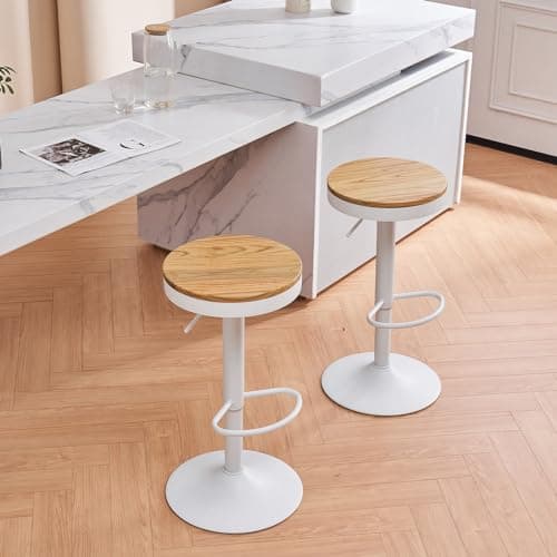 YOUNIKE Tabouret Bar Bois Rond Chaises Haute de Bar Assise Ilot Central Cuisine Siege Bar Lot de 2 Vintage Reglable Rotation Metal Pivotante Blanc
