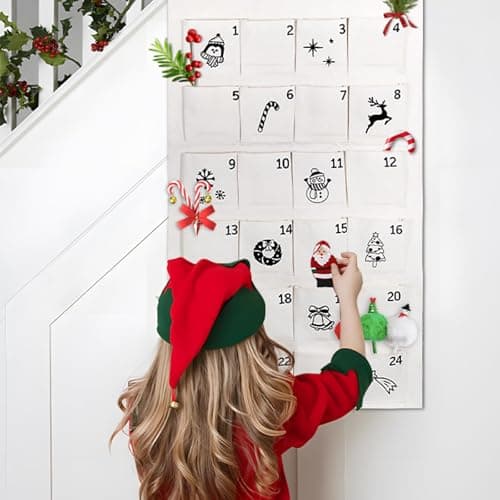 Calendrier de l'avent Noël Blanc Calendrier Mural Merry Christmas Imprimé Noir avec Poches de 24 Jours Calendrier à Suspendre Décoration Pour Compte à Rebours de Noël