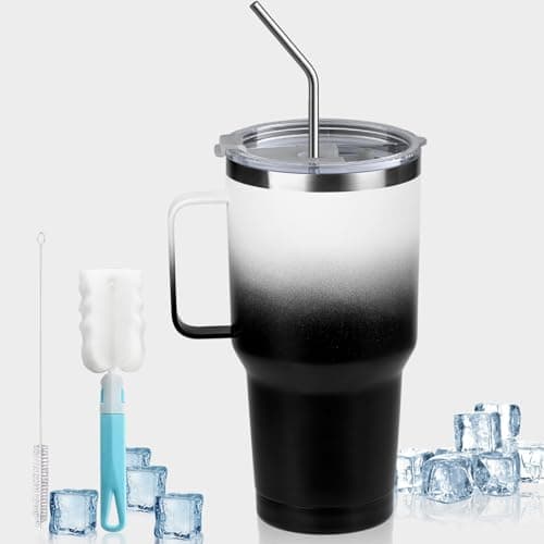 NIKYJM Mug Isotherme 900ml 30oz, Tasse a Cafe Acier Inoxydable avec Poignée, Tasse Isotherme Double Isolée Sous Vide avec Paille et Brosse pour Chaud et Froid