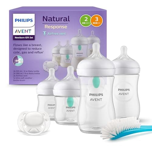 Philips Avent Kit biberons avec valve AirFree pour nouveau-né – 4 biberons à Réponse Naturelle, sucette ultra-douce et goupillon pour les bébés âgés de 0 à 12 mois (modèle SCD657/11)