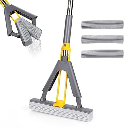 Masthome Balai éponge Absorbant avec Essoreur, Serpillere avec Poignée Réglable de 130 cm, 3 Réutilisables PVA éponge Head, Balai Vadrouille éponge pour Nettoyage Sols