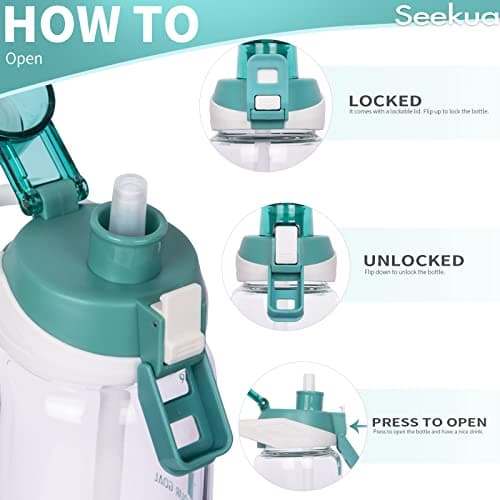 Seekua 1l Sport Gourde Verre avec Paille & Heure de Motivation 1 litre grande Bouteille d'eau Verre Réutilisable sans BPA avec Marqueur de Temps