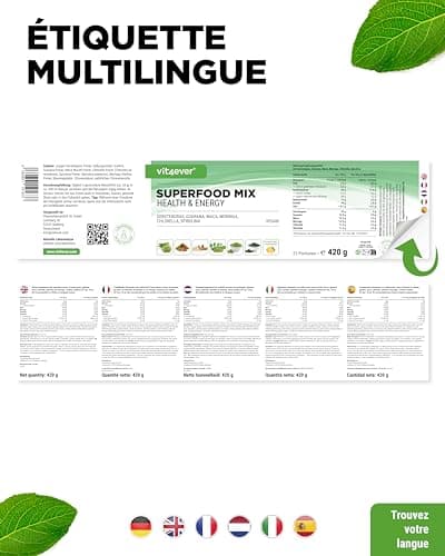 Combinaison de super aliments - 420 g de poudre (shake) avec herbe d'orge, guarana, maca, chlorella, spiruline, moringa - Power smoothie 100% naturel - Avec arôme citron - Vegan
