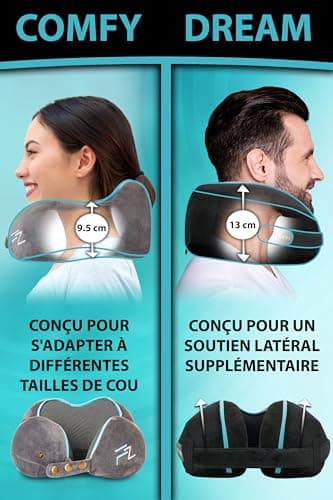 FLOWZOOM Dream Coussin de Voyage en Mousse à Mémoire pour Avion et Voiture – Oreiller de Voyage avec Côtés Rehaussés pour Un Meilleur Soutien, Housse Lavable et Pochette de Transport – Noir